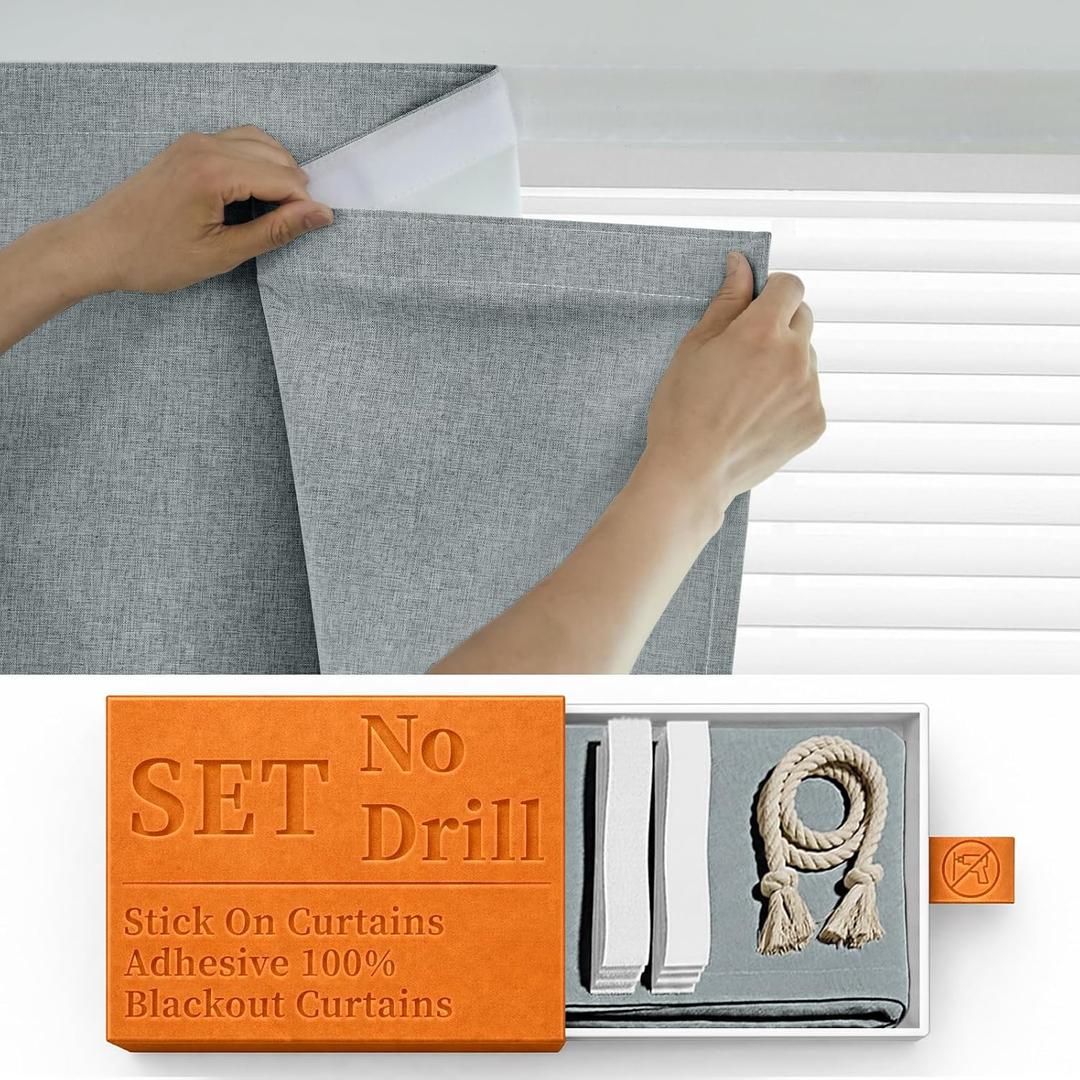 100% Blackout Magic Tape Stick On Curtains Window Shades Pull Down Blackout Window Cover No Drillng Self Adhesive Curtains No Rod Small Windows, W35 x L60 inch, 1 Panel, Light Grey