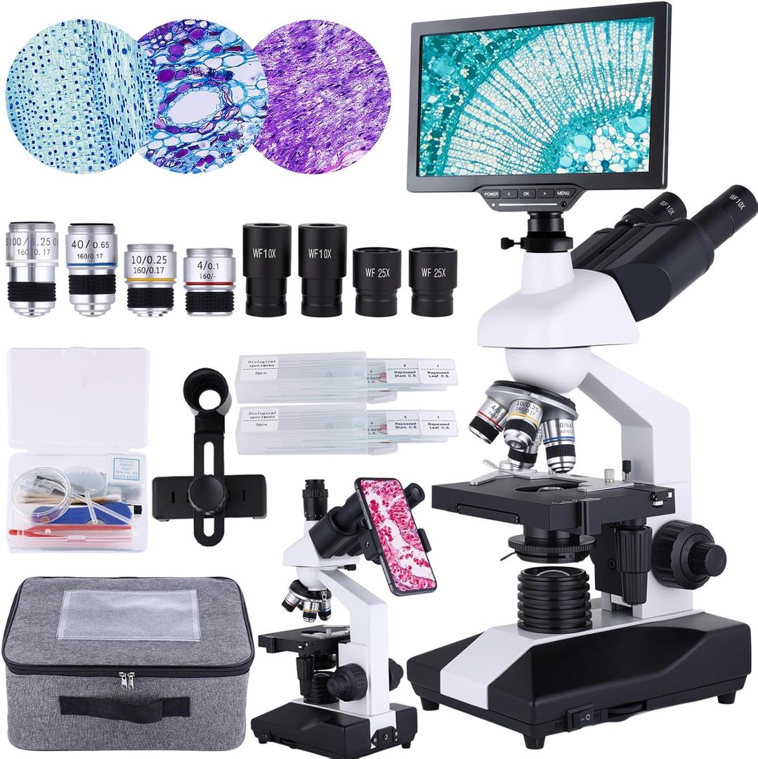 High-Power Compound Trinocular Microscope - 40X to 5000X Magnification, 7" HD Screen,Dual-Stage Mechanical Stage, LED Illumination - Perfect for Adults and Laboratory Use (white)