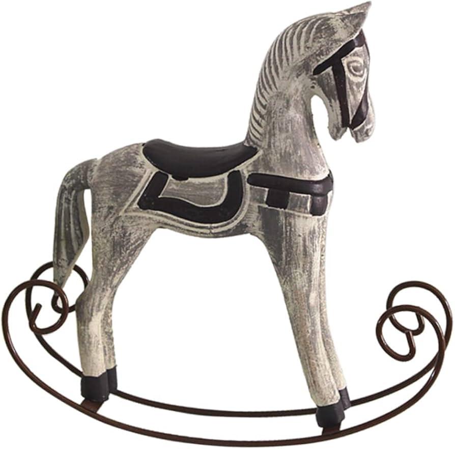 Handmade Vintage Old Collectible Statue Wooden Rocking Horse Figurines Decorative Ornaments Craft Sculpture for Office & Home Room Desktop Christmas Birthday New Year Gift (White)