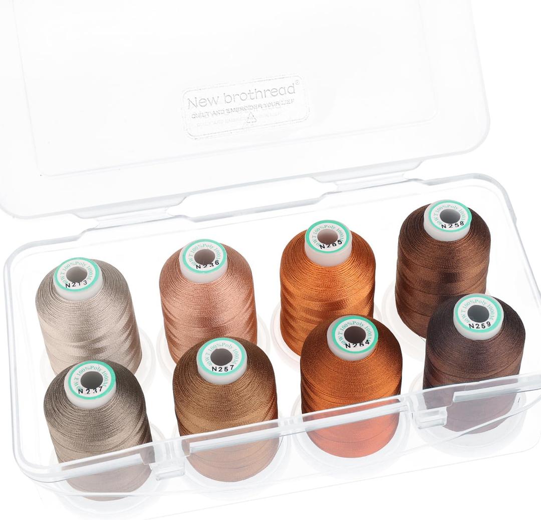 New brothread - 20 Options - 8 Snap Spools of 1000m Each Polyester Embroidery Machine Thread with Clear Plastic Storage Box for Embroidery & Quilting - Different Brown