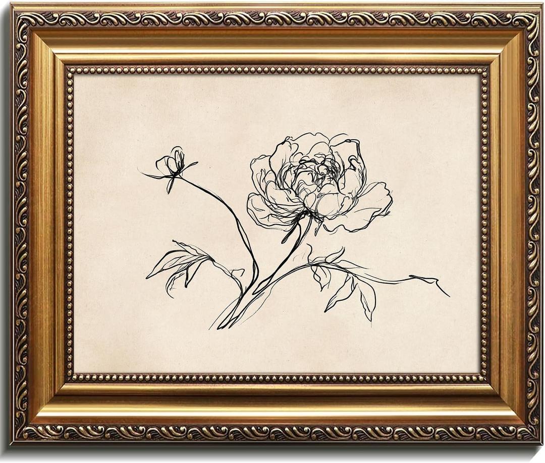 Kizbok Gold Framed Wall Art for Home Decor, Vintage Peony Line Art Prints, Minimalist Beige Flower Sketch Drawing Canvas Painting, Rustic Floral Wall Decor for Bedroom Decor, Aesthetic Farmhouse Botanical Deco r Framed Art Picture for Living Room Bathroom Gallery Shelf Decoration - 9x12inch