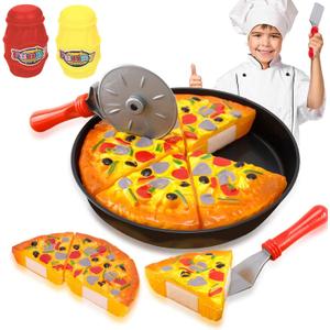 11 PCS Pizza Party Toy Play Set for Kids, Pizza Pie Pretend Play Food - Slice and Serve Plastic Kitchen Cooking and Cutting Playset