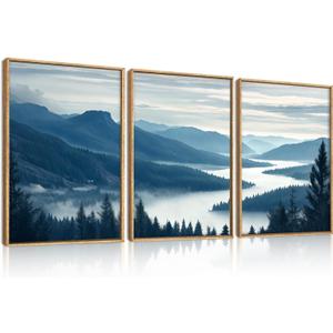 Large Pine Tree Mountain River Framed Canvas Wall Art Set,Misty Blue Grey Forest Landscape Wall Decor,Modern Foggy Woodland Lake Artwork for Living Room,Bedroom,office-24 x36 x3