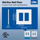 CML Screwless Wall Plate Cover, 2-Gang Mid-Size 4.88" x 4.94", Midway Double Faceplate Cover for Decorator Receptacle Outlet & Switch, UL Listed, 4 Pack, White