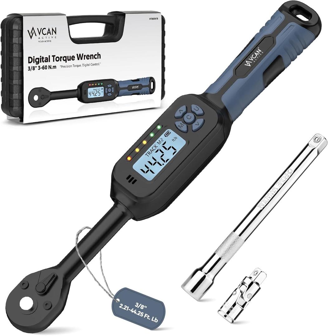 3/8 Torque Wrench Digital (2.21-44.25 Ft. Lb) 2% High accuracy Digital Torque Wrench 3/8 Drive Ratchet with Buzzer&LED Indicator Track Mode/Universal Joint&6" Xtension Bar for Bike Moto Auto