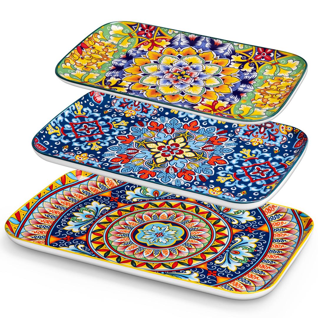 Xancasso Serving Platters Set of 2,16"/14"/12" Inch Rectangular Trays - Extra Large, Ceramic Bohemian Serving Dish for Entertaining Food, Microwave & Dishwasher Safe, Vintage