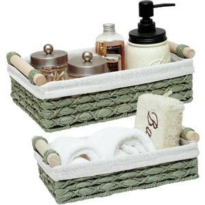 Storage Basket Wicker Baskets for Organizing with Handle Decorative Storage Bins for Countertop Toilet Paper Storage Basket for Toilet Tank Top Small Baskets Set (Set of 2,Green)