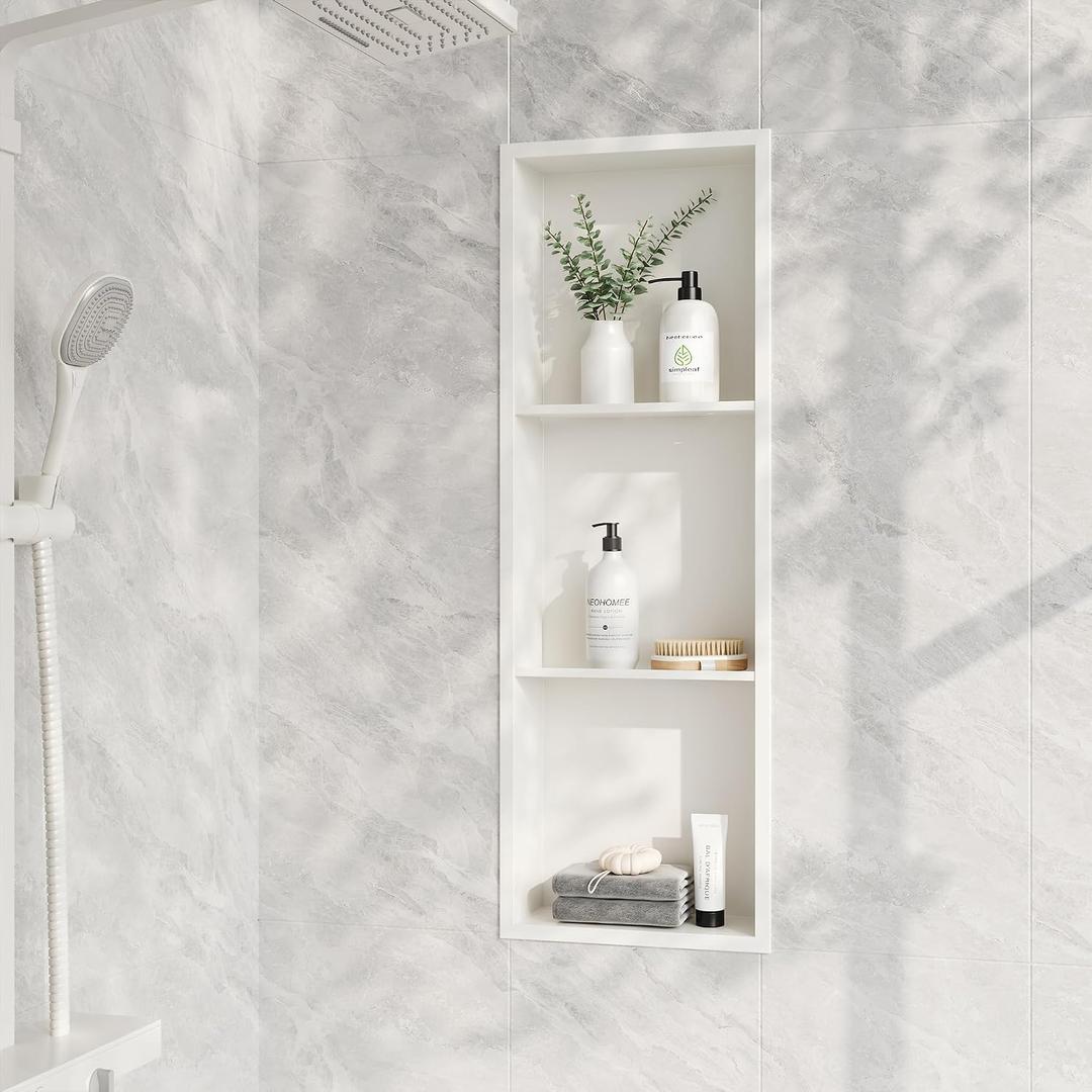 Neodrain 12X36 Inch Shower Niche, White 3-Tier Stainless Cubby NO Tile Needed Recessed Niche Shower for Bathroom Storage, Waterproof Wall Shelf