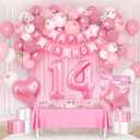 Pink 14th Happy Birthday Decorations for Girls, Pink and White 14th Birthday Party Packs with Foil Number 14 Balloons, Happy Birthday Banner, Fringe Curtains, Birthday Sash Party Supplies