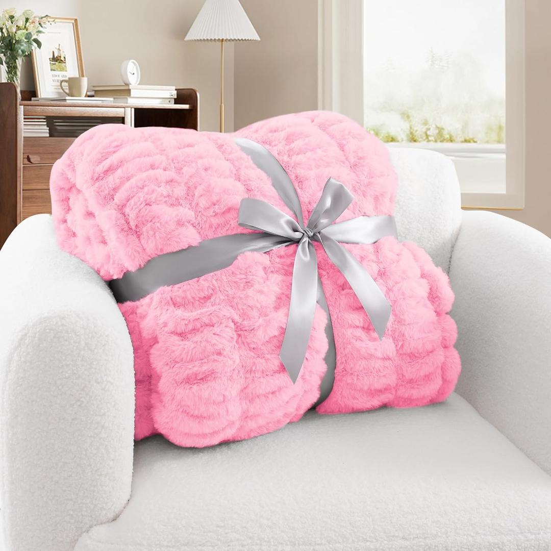 Faux Rabbit Fur Throw Blanket - Ultra Soft & Fluffy Cozy Gift, Plush Fuzzy Luxury Blanket for Couch, Bed, Living Room Decor, 50x60, Blush Pink