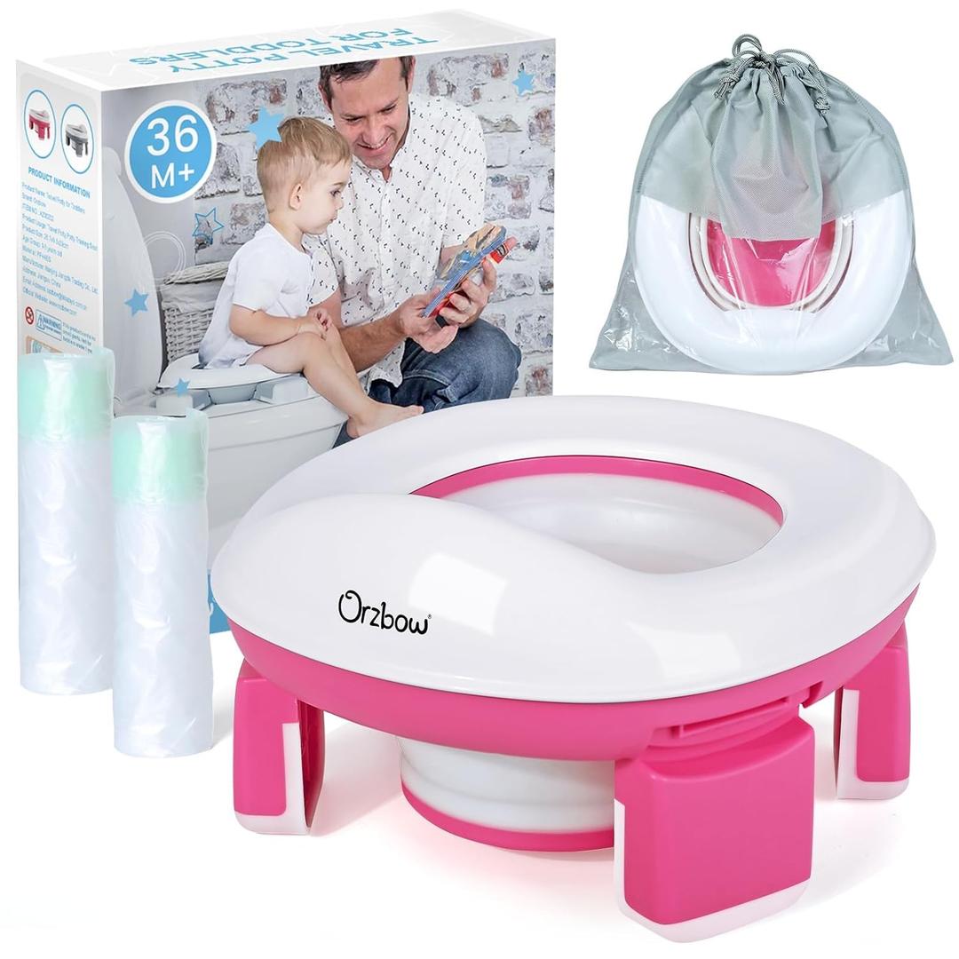 Orzbow Portable Potty Seat for Toddler Travel, Potty Training Toilet for Boys and Girls 18+ Months, Includes Storage Bag and 40pcs Disposable Liners, Travel Toddler Toilet Seat with Splash Guard, Pink
