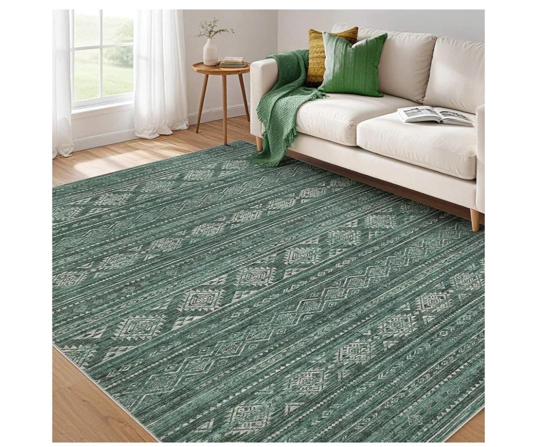 Nakagishi 6x9 Area Rugs Living Room: Washable Boho Large Neutral Soft Farmhouse Rug Stain Resistant Modern Indoor Floor Non-Slip Carpet for Bedroom Nursery Kids Playroom Office Dining Room Dorm- Green