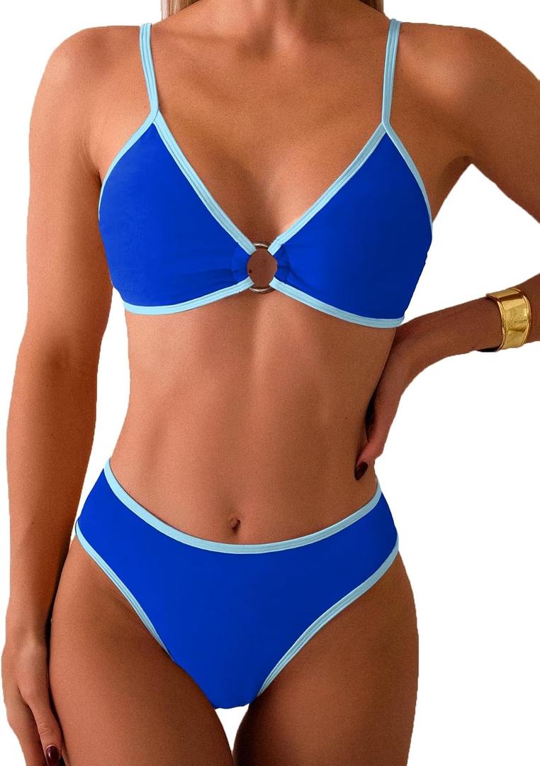Fanuerg Women's Triangle Bikini Sets Circle Ring Linked Two Piece Swimsuit Color Block Cheeky Bathing Suits (Blue, S)