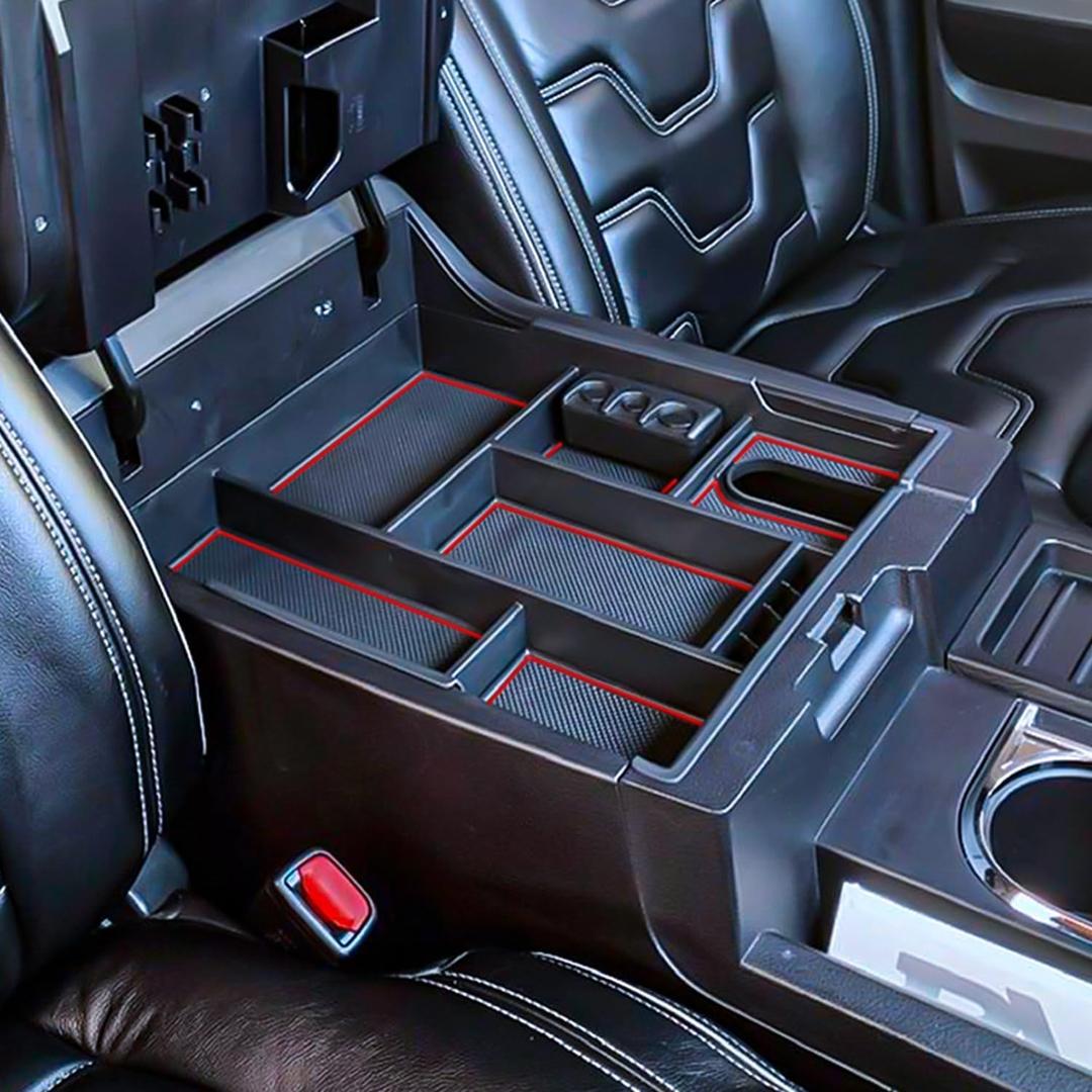 Center Console Organizer Compatible with 2014-2017 2018 2019 2020 2021 Tundra Accessories, Crewmax Interior Armrest Underseat Storage Box- Full-coverage Insert Tray, Red Trim