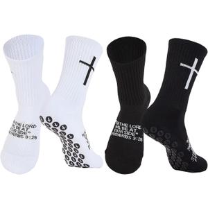 2 Pairs Cross Grip Soccer Socks Non-Slip Sports Sock with Bible Verse, Jesus Christian Socks for Football, US 6-13 (White,black)