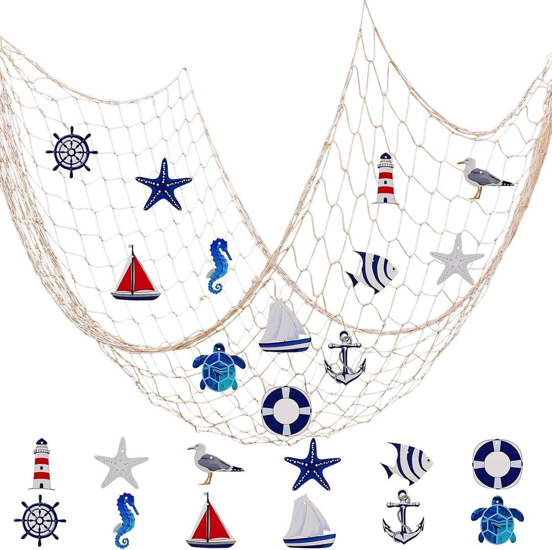 13pcs Nautical Fish Net Wall Decoration Nature Fishing Fishnet Wooden Decor Hangings Starfish Sailboat Lighthouse Life Ring Rudder Turtle Decorative Party Wedding (Deep Blue)