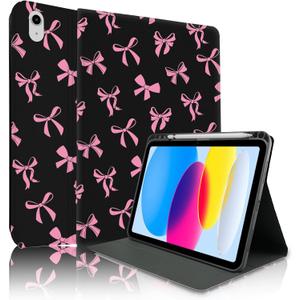 TopPerfekt Case for iPad 11th (A16) 11-inch 2025/ 10th Generation 10.9-inch 2022, Pink Bow Cute Chic Adorable Aesthetics with Pencil Holder for Kids, Boys,Girls, Anti-Slip,Anti-Shock,Black - Pink Bow