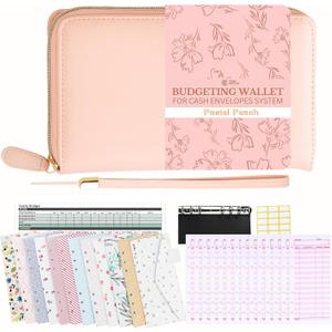 Cash Envelope Wallet Pastel Peach - All in One Budget System with 12 Tabbed Cash Envelopes, 12 Monthly Budget Cards, Yearly Budget Planner Sheet Complete Money Organizer Set for Cash RFID Blocking