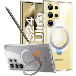 TORRAS 360 Spin Magnetic Stand for Samsung Galaxy S24 Ultra Case, Fit for Magsafe, Hard PC S24 Ultra Phone Case with Kickstand & Ring Holder, Transparent Clear