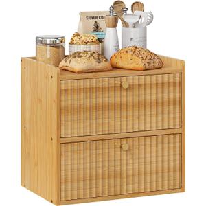 Rustic Bread Box for Kitchen Countertop Bamboo Bread Storage Container Bin Double Layer BreadBox Farmhouse Large Capacity Food Organizer (Natural Bamboo)
