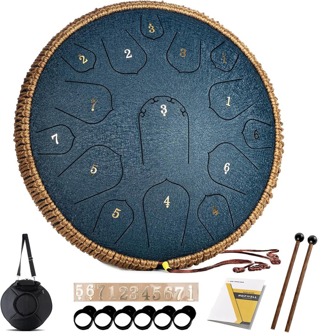 HOPWELL Steel Tongue Drum - 14 Inch 15 Note Tongue Drum - Hand Pan Drum with Music Book, Handpan Drums Mallets and Carry Bag, D Major (Navy Blue)
