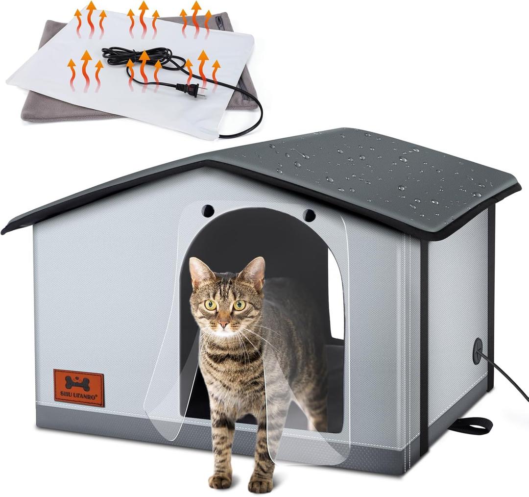 Insulated Heated Cat House Indoor/Outdoor, Weatherproof Cat House with Heated Pad for Winter, Outside Shelter for Feral Cats and Small Dogs (20"x17"x16")