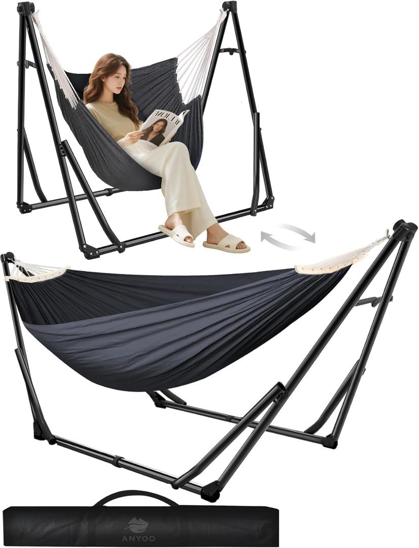 Anyoo 2 in 1 Hammock and Swinging Chair with Collapsible Steel Stand & Carrying Case,Portable & Adjustable,Easy Set Up for Outdoor,Indoor,Porch Swing,Patio,Garden,Camping Trip (Black)