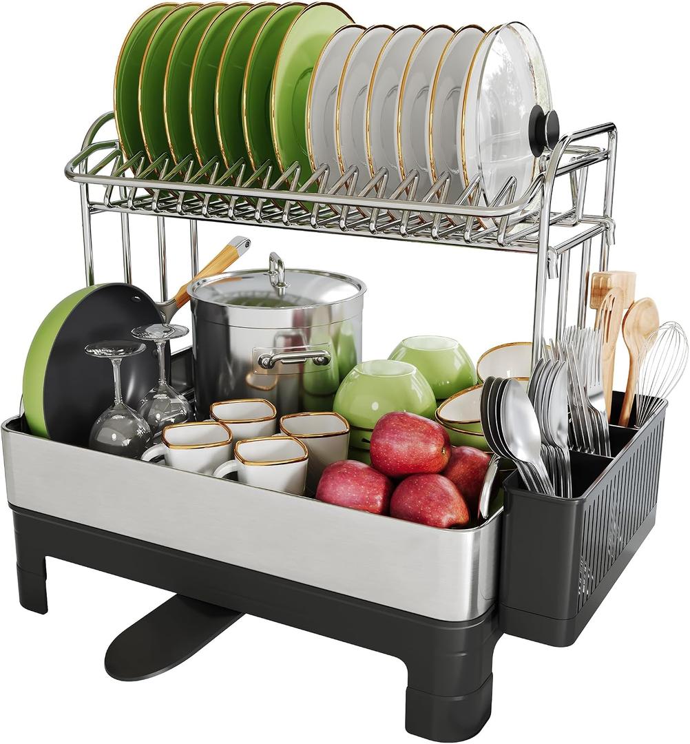 Extra Large Two Tier Stainless Steel Dish Drainer Drying Rack with Drainboard for Kitchen Counter, Modern Black and Silver, Rust Proof Metal, Space Saving Double Countertop Big Plates Dryer and Tray