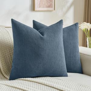 FUTEI Pack of 2 Solid Chenille Throw Pillow Covers 20x20 Inch Soft Cozy Wheat Ear Striped Textured Decorative Cushion Cases Modern Farmhouse Accent for Couch Bed Living Room, Navy Blue