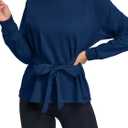 Women's Long Sleeves Shirt Tops Crew Neck Tie Knot Sweatshirt Tops Casual Fall Loose Fit Cropped Top Pullover (Blue, L)