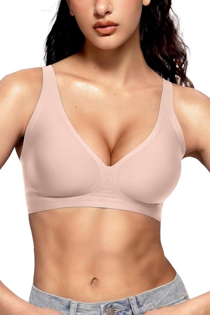 Vertvie Jelly Wireless Bras for Women Push Up Plunge Seamless T-Shirt Bras No Underwire Supportive Full Coverage Bralettes (Large, Skin Color)