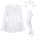 Sureio 3 Pcs Winter Snowflake Tutu Costume Christmas Woman Long Sleeved Dress Stocking White Headband for Cosplay Party (White, L)