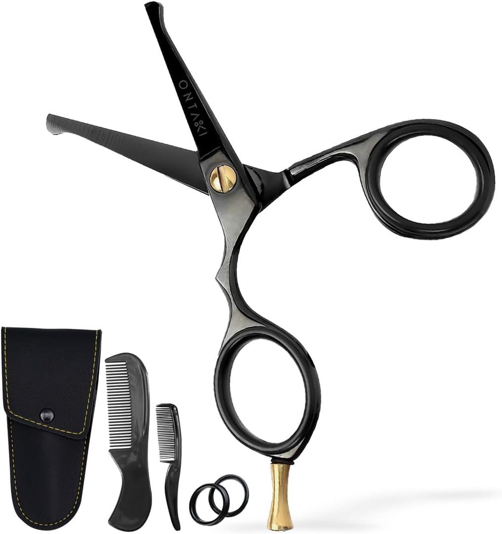 Ontaki 4.2" Japanese Steel Rounded-Tip Scissors for Beard - Mustache, Nose, Ear & Hair  Ergonomic Bent Handles - Hand-Forged Men's Grooming Scissors (Black 4.2") - Beard Grooming Kit