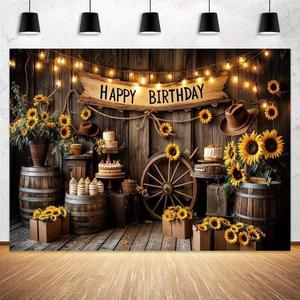 Western Birthday Backdrop, Rustic Wood Sunflower Happy Birthday Party Decorations Photography, Country Vintage Western Cowboy Banner Photo Booth Studio Props, 10X8FT