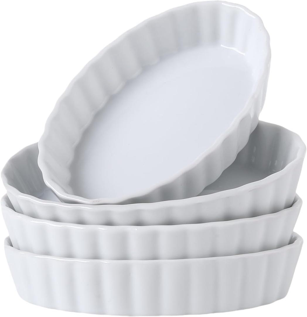 4-Piece Porcelain Baking Dish Set - 4 OZ 5.2 Inch Small Ramekins Pie Pans, Oven Safe Ramekins for Quiche, Tart, Dessert, Creme Brulee, Au Gratin | Stackable, Dishwasher Safe