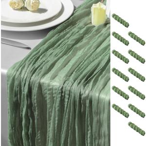 GARIG 12 Sage Green Table Runner for Summer, 10FT Boho Sheer Spring Gauze Cheesecloth Table Runner 35x120Inch for Mother's Day Wedding Party Baby Bridal Shower Birthday Home Decor (12 Pack-35" X 120")