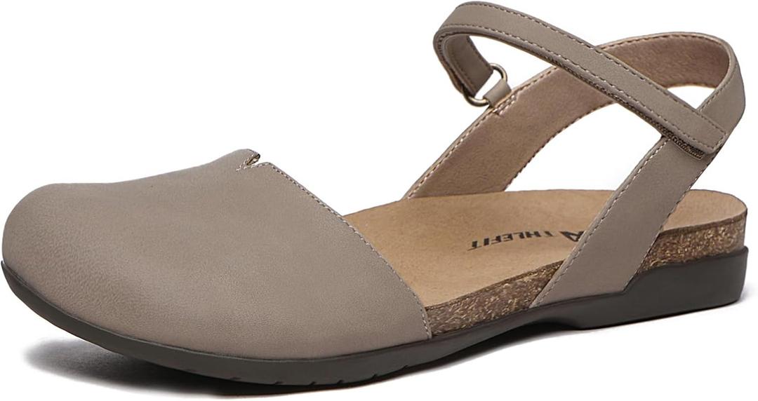 Athlefit Women's Summer Closed Toe Comfortable Flat Sandals | Comfortable Arch Support Orthopedic Sandals, Non-slip Clogs flats shoes, Adjustable Strap, Ideal for Casual Walking, Work (Brown), 9.5