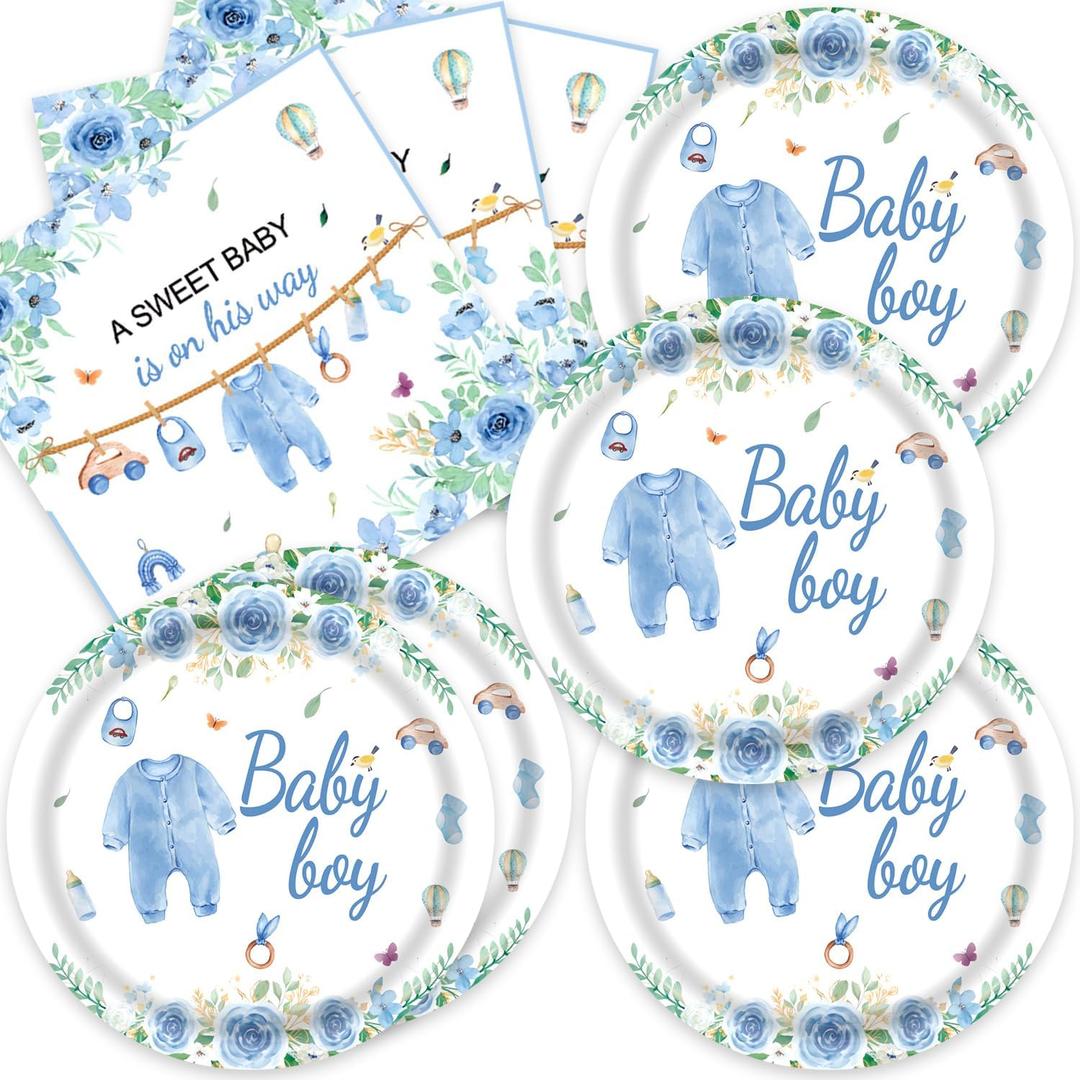 40pcs Blue Floral Baby Shower Decorations Boys Gender Reveal Supplies Spring Rose Blue Baby Shower Plates and Napkins,Suitable for 20 Guests