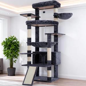 Heybly Tall Cat Tree for Large Cat, 80-inch Multi-Level Cat Tower for Indoor Cats with Large Baseboard, Condo Furniture with 2 Widened Plush Perches,Scratching Board and Big Caves, Smoky Gray HCT038G