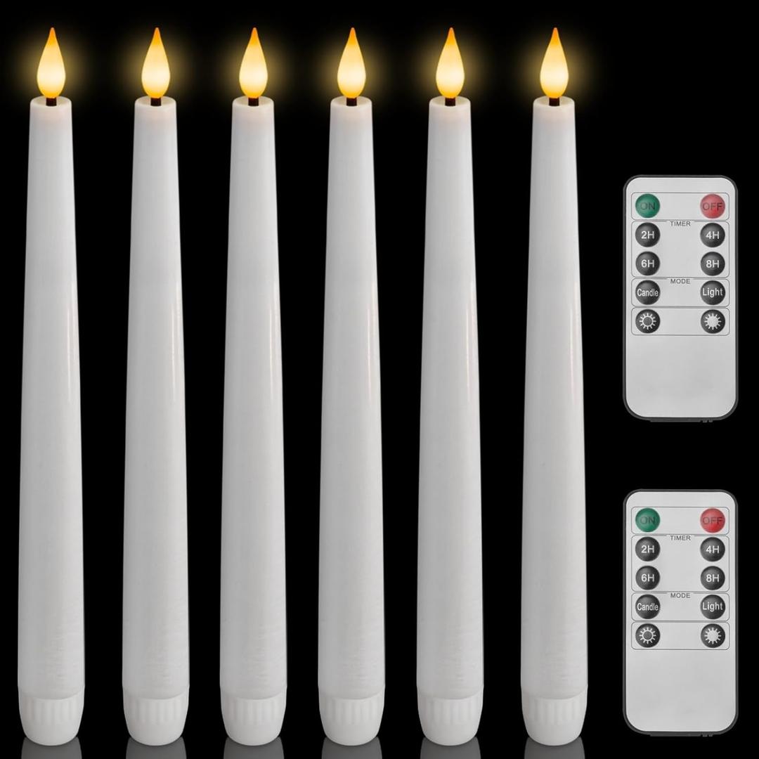 Homemory 6 Pcs Waxy Flameless Taper Candles with Remote, Led Candlesticks Classic Tall Candles, Flickering Battery Operated Taper Candles for Bedroom, Dining Room, White, 9.6 inches