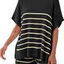 Fisoew Women's Striped 2 Piece Outfits Oversized Batwing Short Sleeve Tops High Waisted Shorts Summer Knit Lounge Short Sets (Black, S)