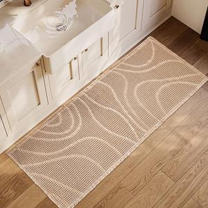 ZALL Tan Waffle Bath Mat Wavy,Super Absorbent Non Slip Bathroom Rug, Brown 24x60inch, Machine Washable Ultra Soft Floor Mats