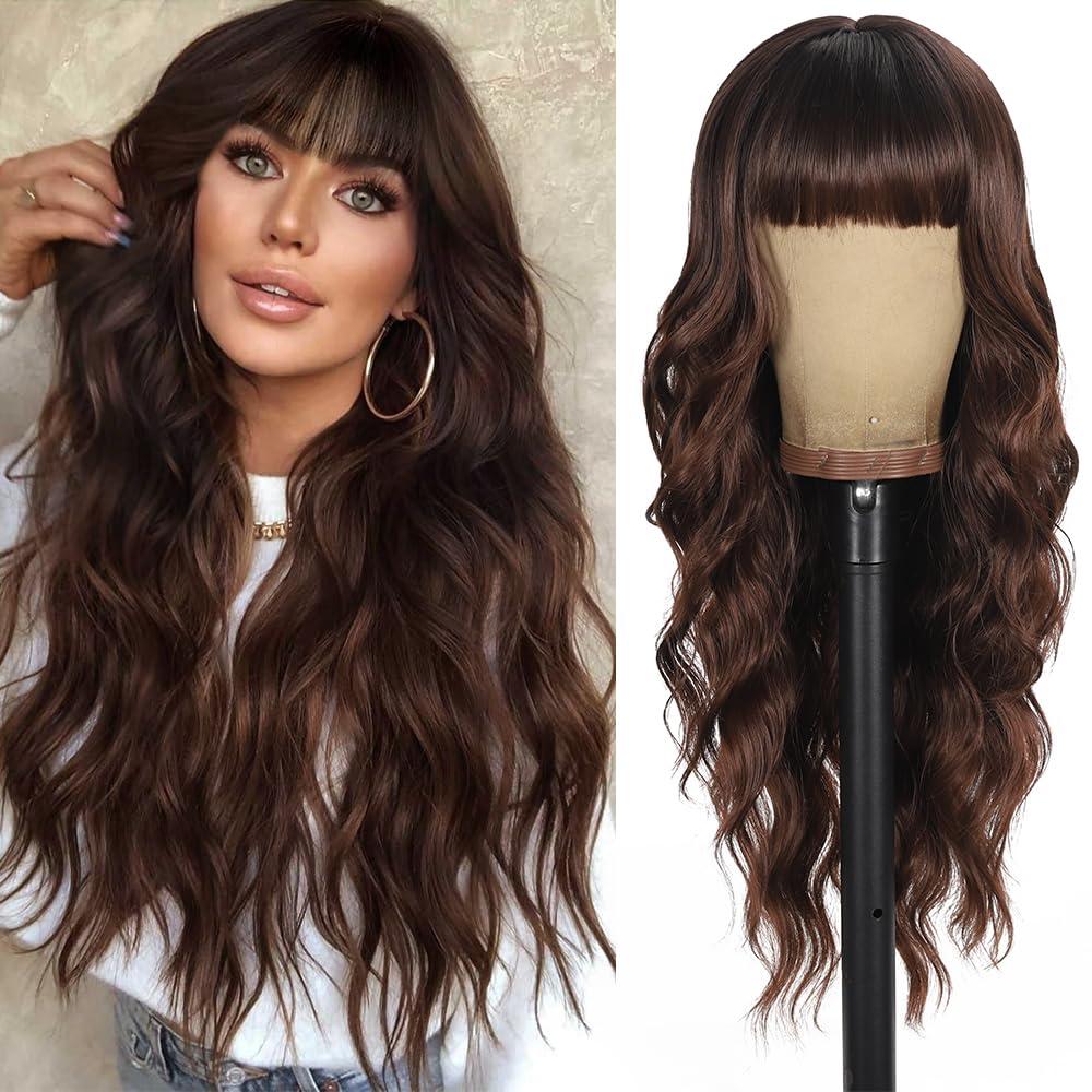Glossy Brown Wig With Bangs Long Curly Wig For Women Long Brown Wavy Wigs Skin-Friendly Synthetic Fibers For Festival Holiday Use 26In