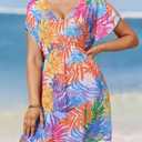 Women's Tropical Leaf Print V-Neck Beach Swim Cover-Up Short Sleeve Loose Fit (Tropical Multicolor, S) (S)