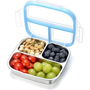 Stainless Steel Snack Containers, 3 Compartments Reusable on and go Bento Box with Lids for Kids, Lunch Box Pre Meal Storage for Daycare School Outdoor Camping Travel - Blue