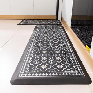 Kitchen Mat, [2 PCS] Kitchen Rugs, Cushioned Anti-Fatigue Non-Skid Waterproof Rugs, Ergonomic Comfort Standing Mat for Kitchen, Floor, Sink, Laundry, (Black) (17.3 x 47 "+ 17.3 x 29 "--0.47inch)
