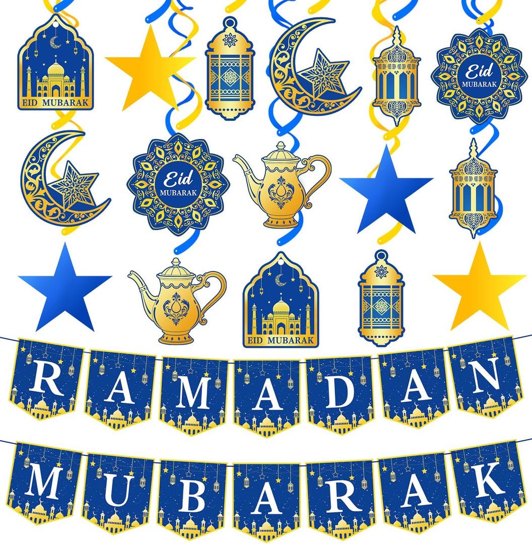 34Pcs Ramadan Decorations Pre-Assembled Mubarak Eid Kareem Muslim Banner Hanging Swirls Garland Decor Party Supplies Ramadan Decorations for Home