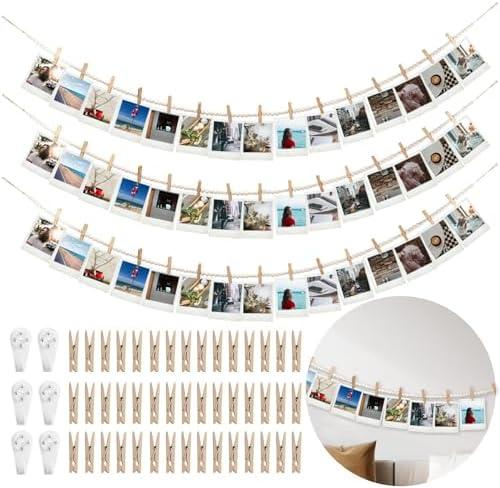 YuanDe Hanging Photo Display Wall Decor with 45 Wood Clips, 67 Inches Boho Wooden Bead Garland Collage Picture Frame Photos String DIY, Photo Hanger for Bedroom Office Dorm Room Decor Gifts(3PCS)