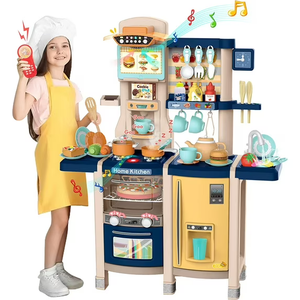 SANDINRAYLI Play Kitchen, Kids Kitchen Playset for Ages 4-8, Toy Pretend Kitchen with Spray Stove, Oven, Sink, Dishwasher, Functional Kitchen for Toddlers 3-5 with Real Sounds and Light, Blue