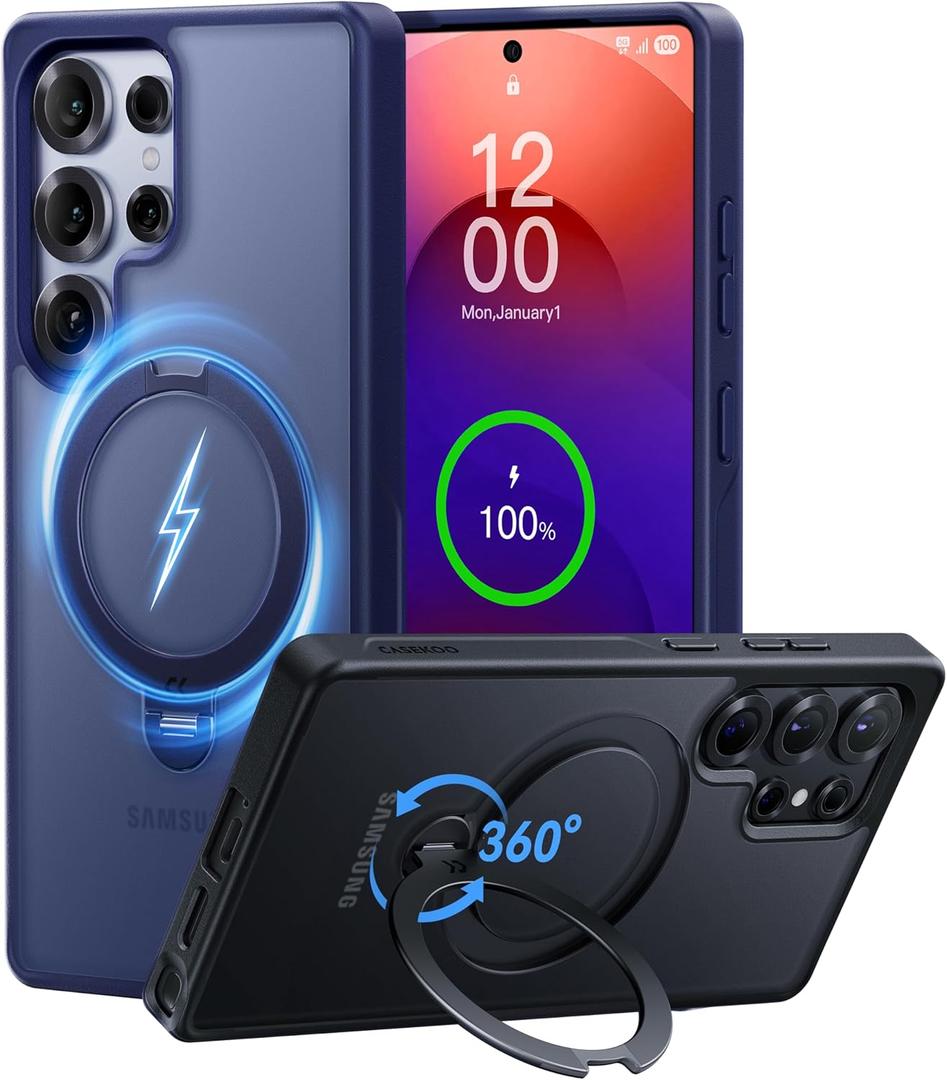 CASEKOO Patented 360 Spin Magnetic Stand for Samsung Galaxy S25 Ultra Case [18FT Military Drop Protection] [Compatible with MagSafe] Matte Translucent Slim S25 Ultra Case 6.9'' 2025, Blue